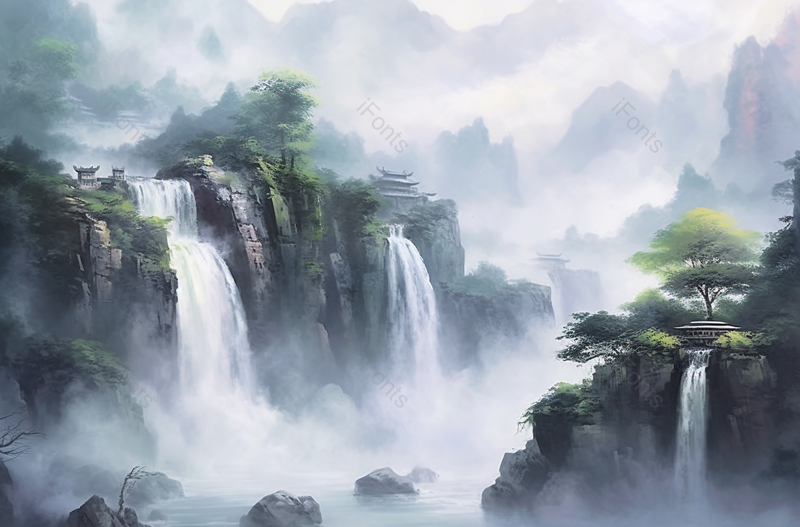 新中式山中瀑布水墨山水画,插画/手绘图,插画/手绘图库,插画/手绘图下载,插画/手绘